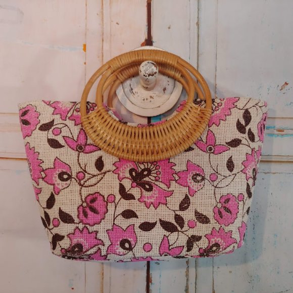 *no tag VINTAGE style purse handbag w burlap texture rattan handle pink & cream - Picture 2 of 16